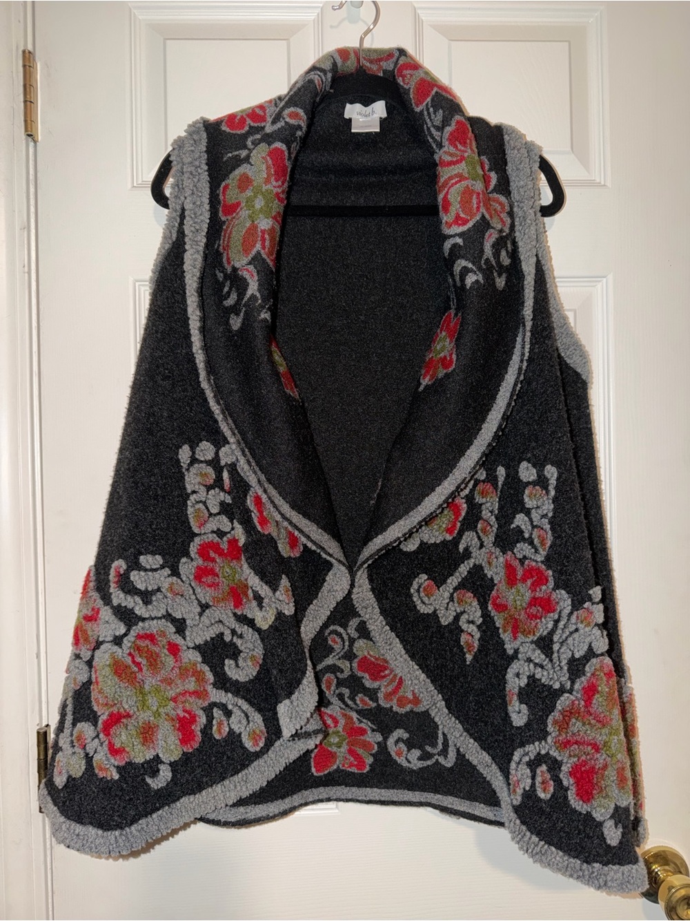 Violet B. Floral Shawl-Collar Round Knit Vest - Black with Red & Gray Design